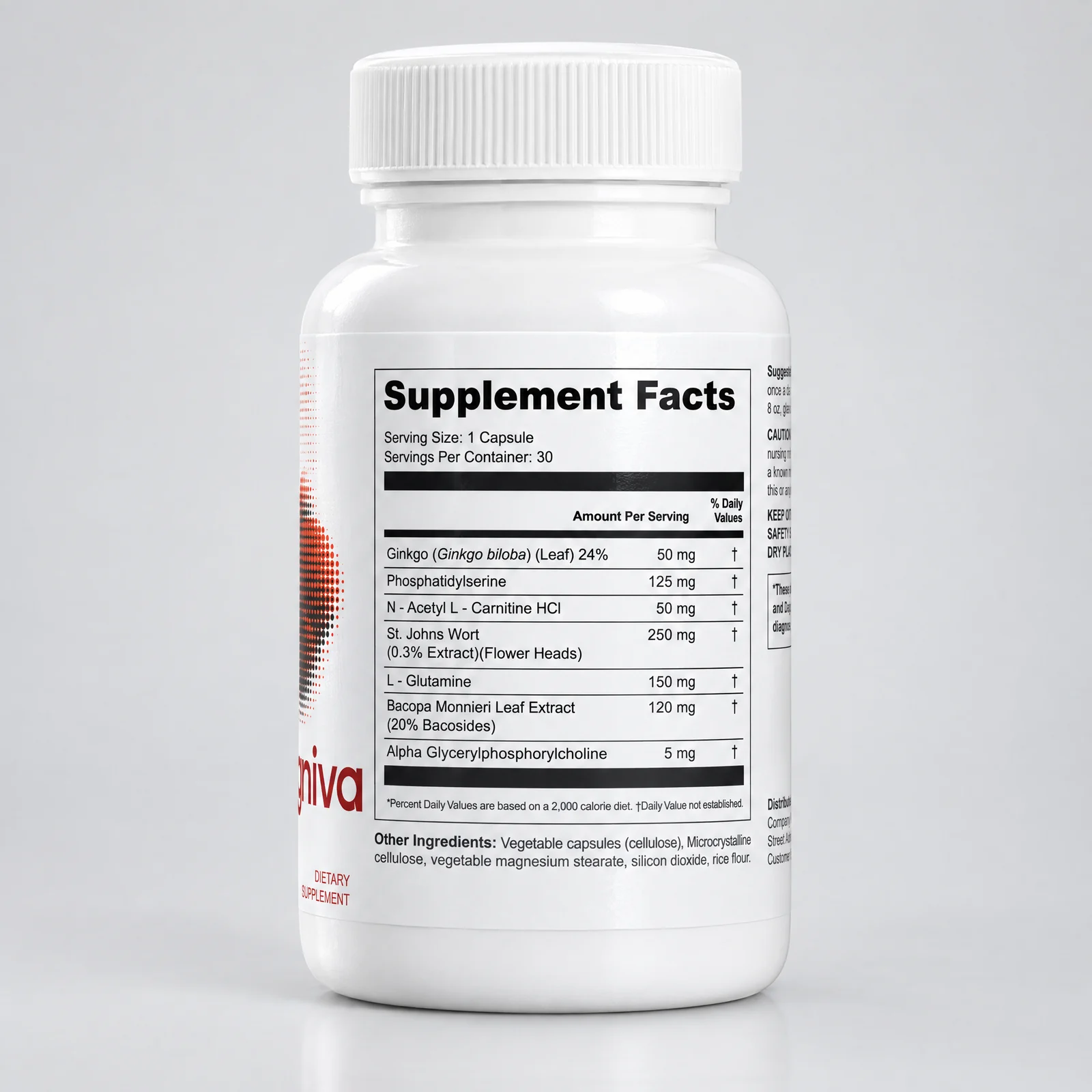 Cogniva cognitive support dietary supplement, 30 capsules - Supplement Facts panel