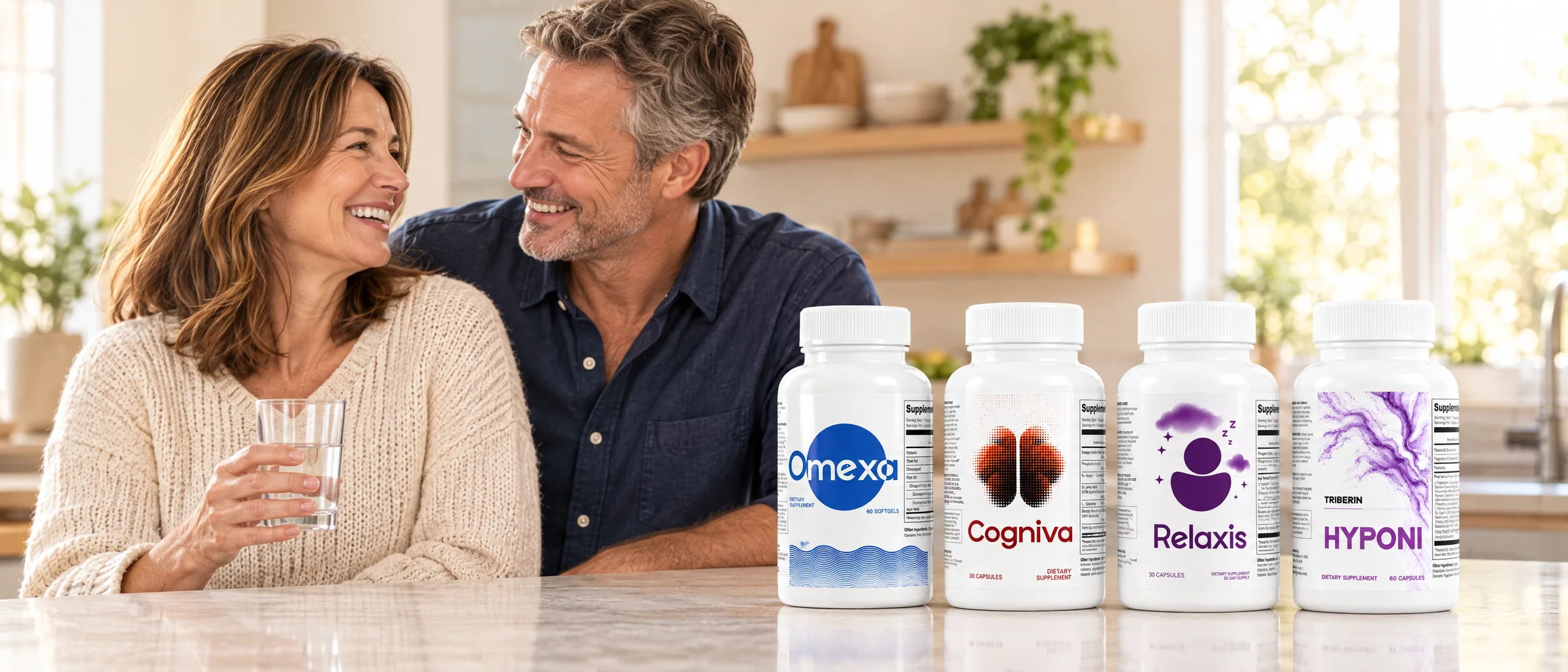 Triberine supplements: Omexa, Cogniva, Relaxis and Hyponi bottles