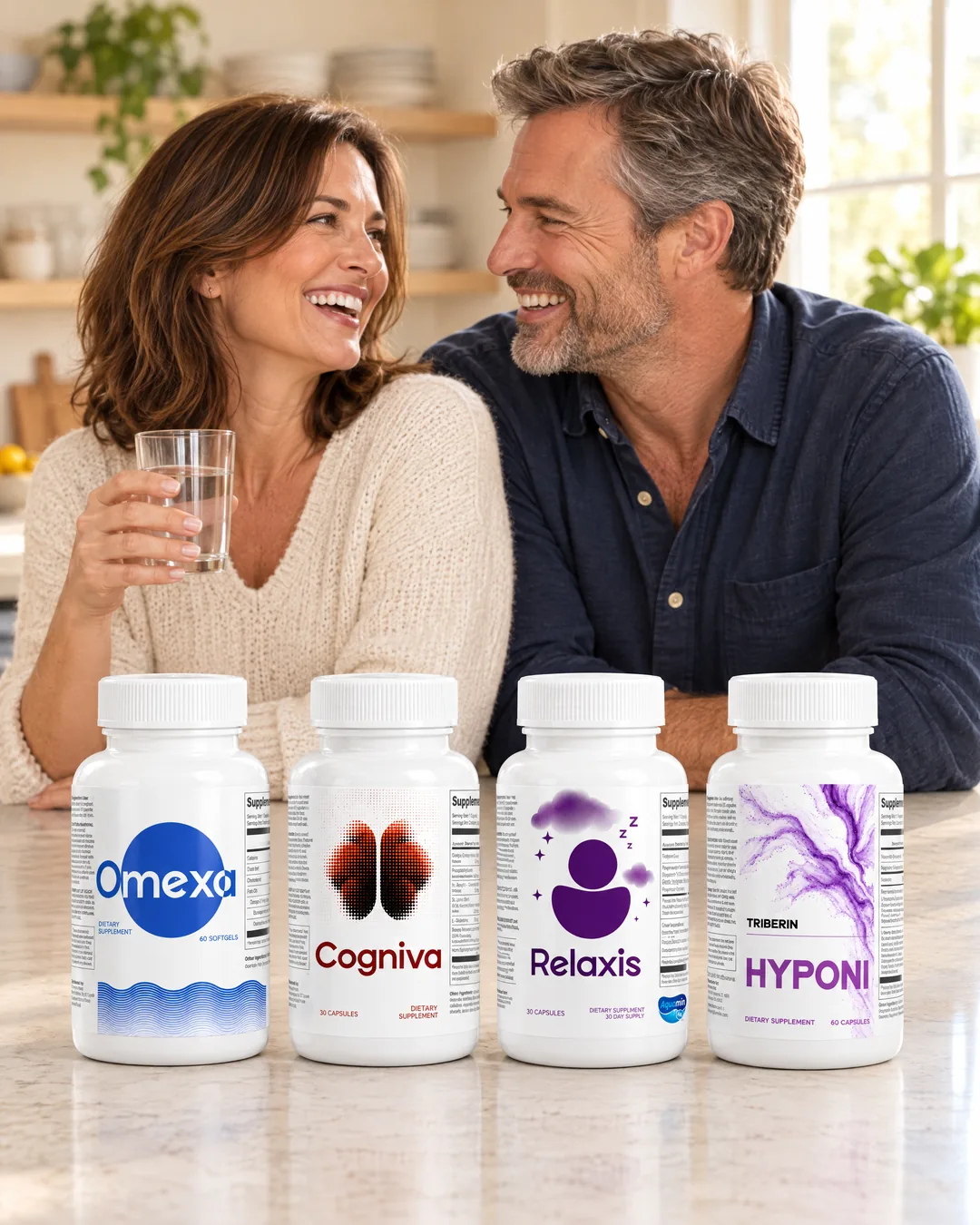 A smiling couple at a kitchen counter with the four Triberine supplement bottles