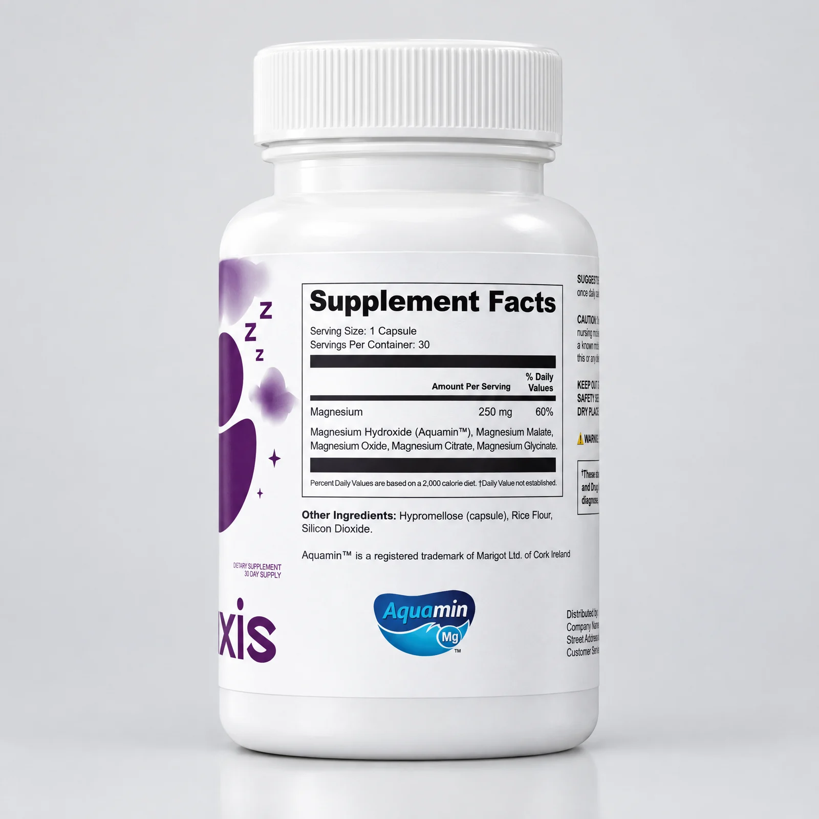 Relaxis magnesium complex dietary supplement, 30 capsules - Supplement Facts panel