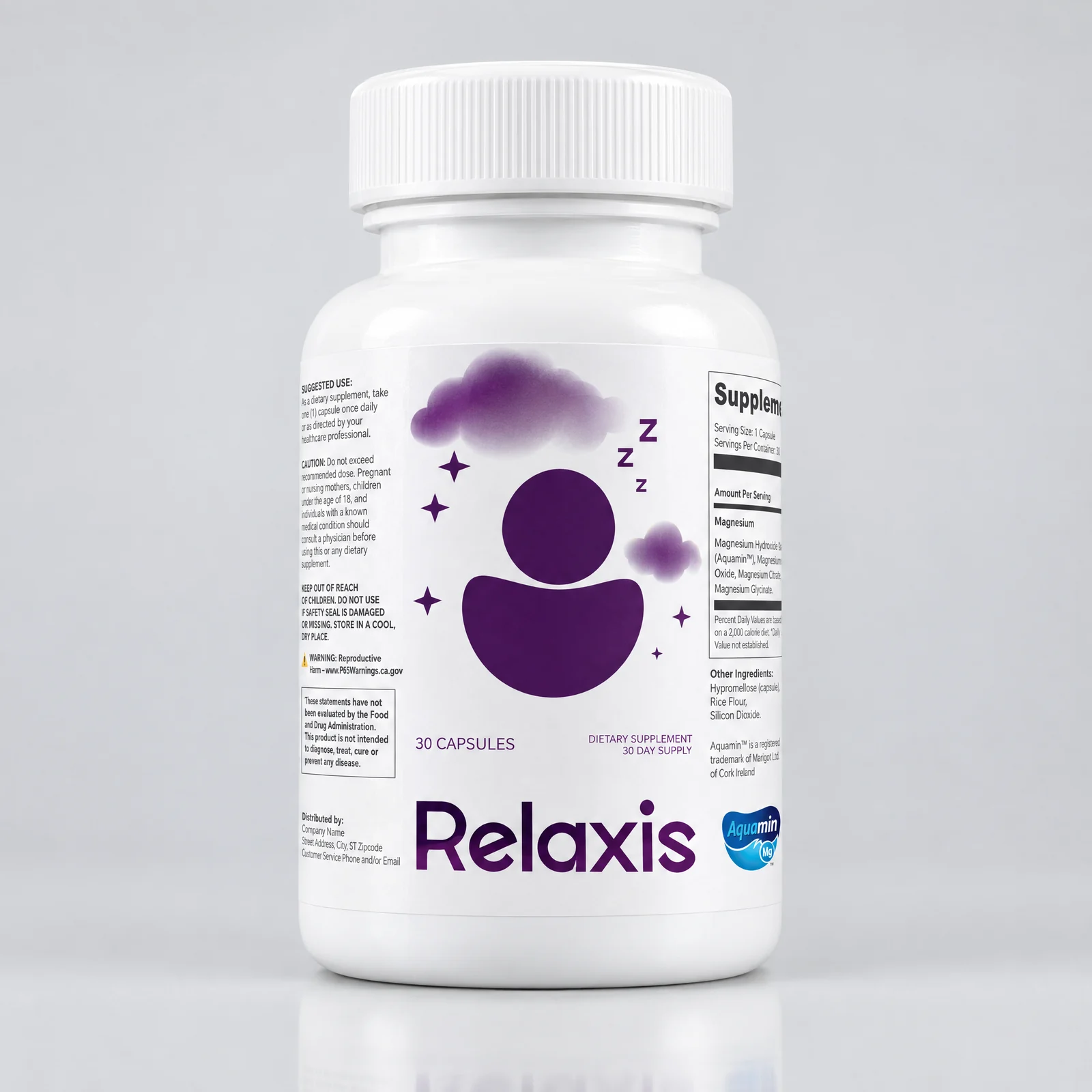 Relaxis magnesium complex dietary supplement, 30 capsules - front label